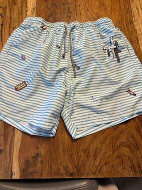 Boardies Apparel Blue & White Striped Airplane & Boat Swim Shorts Size XL